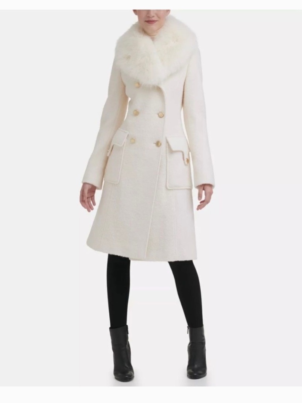 GUESS White Faux Fur Wool-Blend Coat